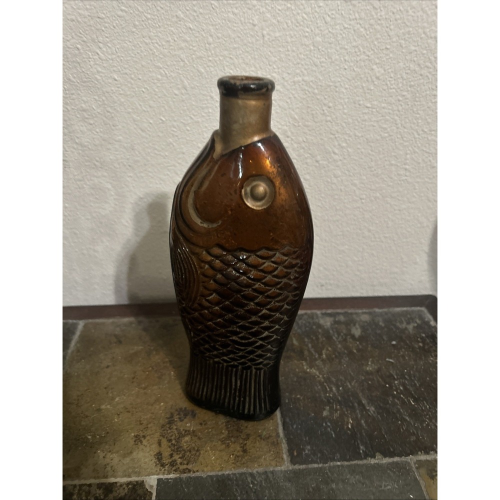 Vintage 10" Brown Amber Glass Fish Bottle Jar Spice Bitters Container